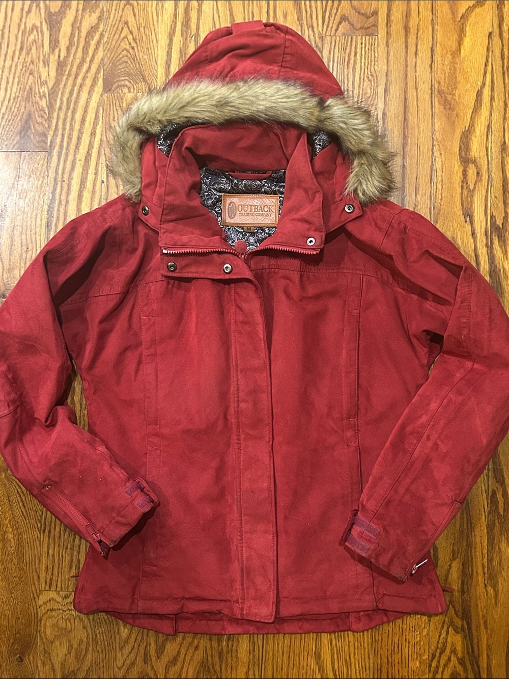 Red Hooded Faux-Fur Trim Winter Jacket - Women